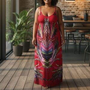 Celestino Red Patterned Flowy Maxi Dress M L